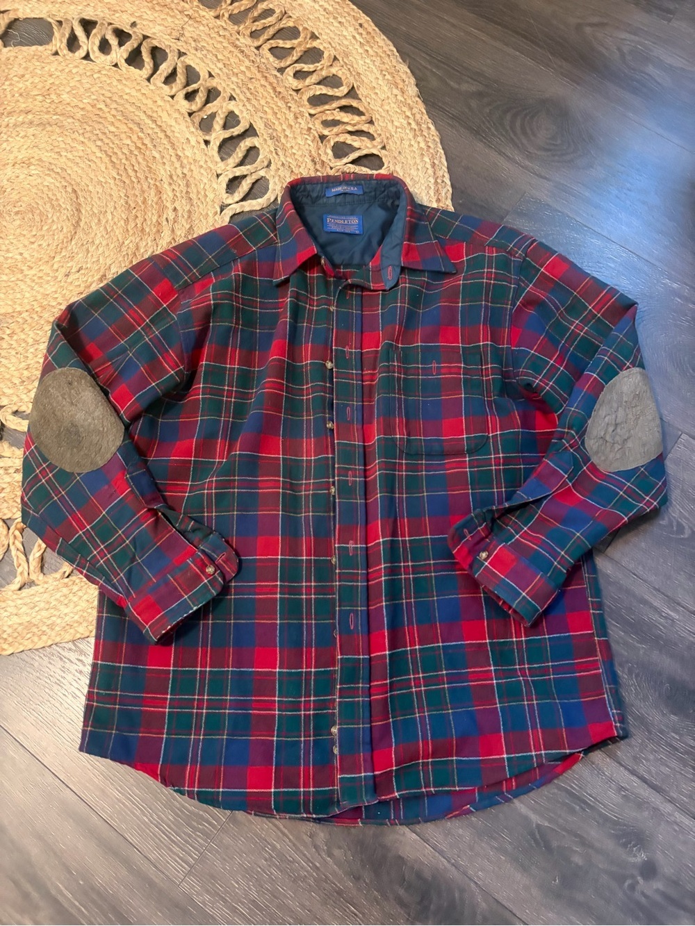 Pendleton Red & Green Plaid Flannel Shirt Wool with Elbow Patches